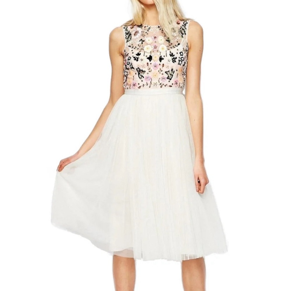 Needle & Thread Ivory Embellished Floral Tulle Midi Dress